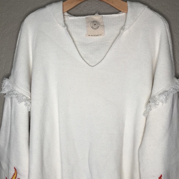 Oversized soft cotton blend fringe flame details on arms hooded sweater - Picture 2 of 9